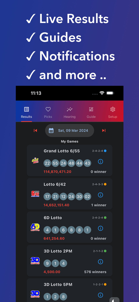 PCSO Lotto Results Guide Live - フィリピンのPCSOロトのライブ結果と当選番号を表示するモバイルアプリダッシュボード