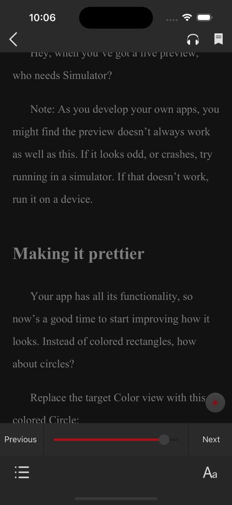 eBooks app reading interface in dark mode showing navigation controls and font settings