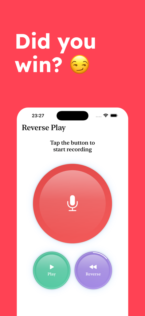 Oberfläche der Reverse Play App mit einem zentralen Mikrofon-Aufnahme-Button und Optionen zum Abspielen oder Umkehren des Audios.
