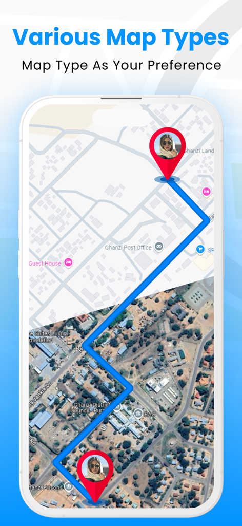 GPS Phone Tracker & Location - Interface de aplicativo de rastreamento GPS mostrando uma comparação entre visualizações de mapa padrão e satélite com uma rota rastreada