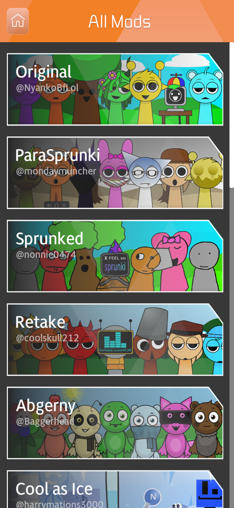 All Mods SP Guide - Menu vertical mostrando vários mods de jogo Sprunki como ParaSprunki e Retake com prévias de personagens.