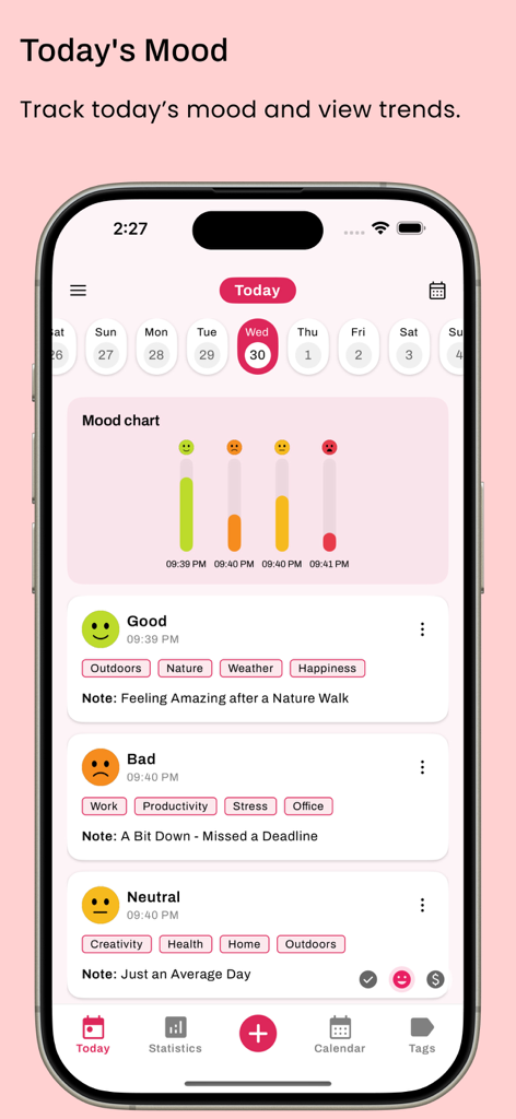 Habit Tracker - HabitGenius - Pantalla del rastreador de estado de ánimo de HabitGenius que muestra un gráfico de estado de ánimo colorido y registros emocionales diarios con etiquetas