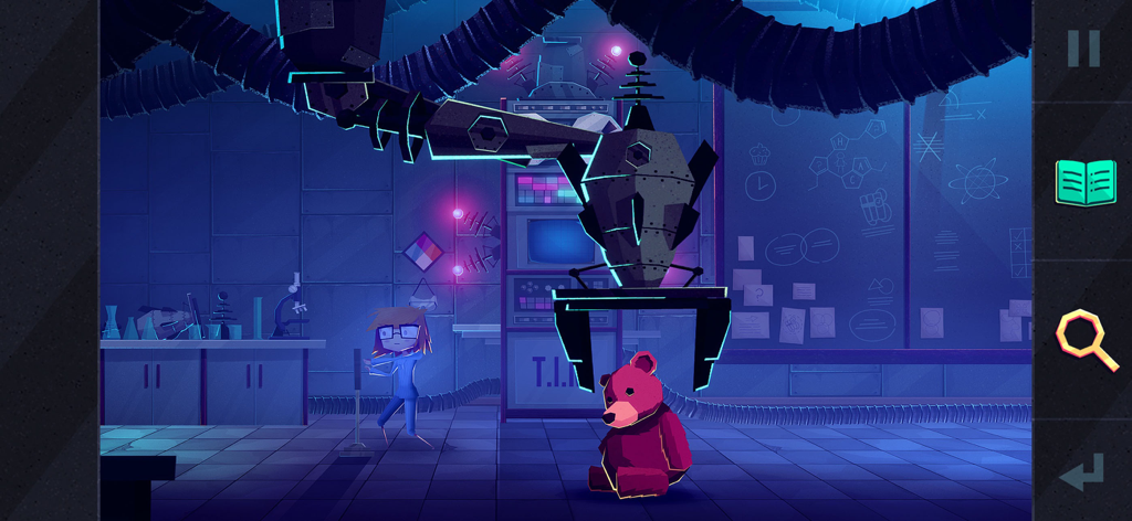 Jenny LeClue num laboratório com uma garra mecânica e um urso de peluche cor-de-rosa.