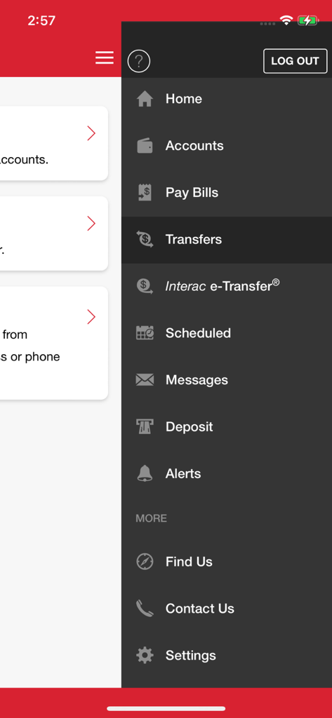 Mainstreet CU Mobile Banking - Navigation menu of the Mainstreet Credit Union mobile app showing options for accounts, bill payments, transfers, and Interac e-Transfer.