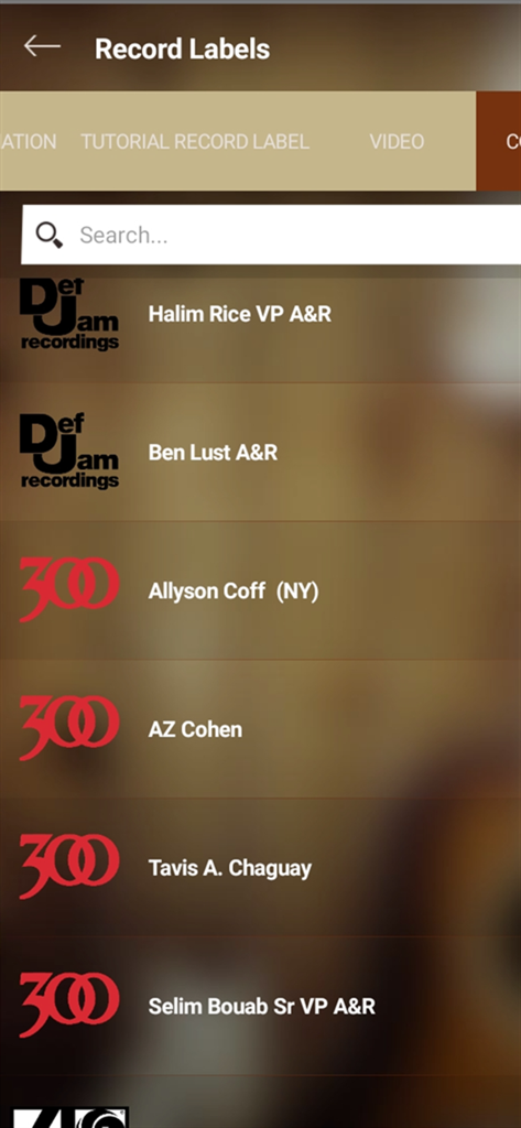 A list of record label and AR contacts in The Blueprint music industry app