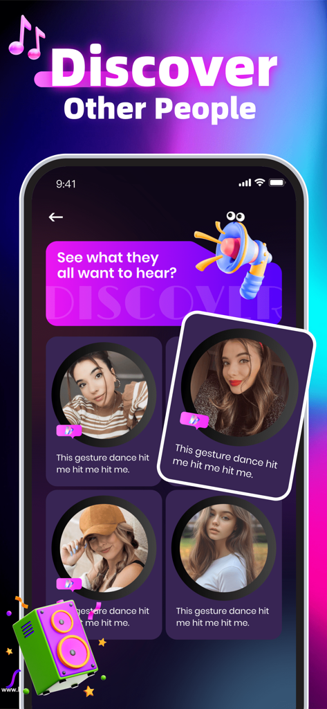 Covit app interface displaying the discover other people section with user profile cards and music themes