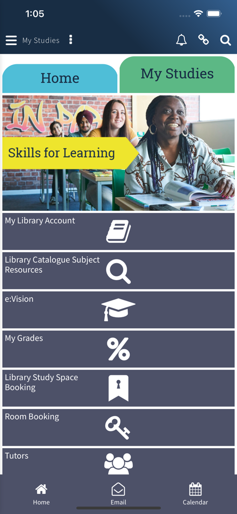 myWLV app dashboard showing academic resources including library account grades and room bookings