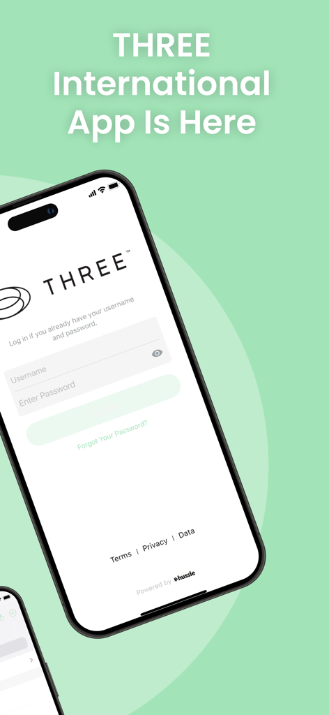 THREE International - Schermata di accesso per l'app mobile di supporto alle vendite THREE International.