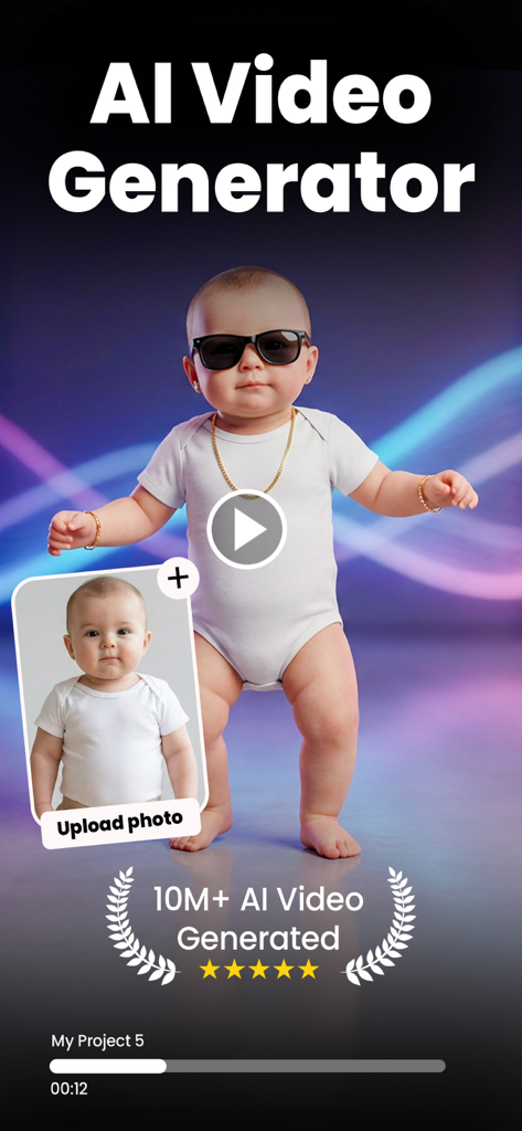 VideoAI: AI Video Generator+ - AI video generator app interface showing a baby photo being animated into a video
