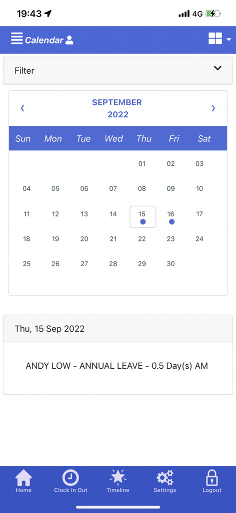 TIMES Mobile Pro - 직원 연차 입력이 표시된 TIMES Mobile Pro 앱 캘린더 화면