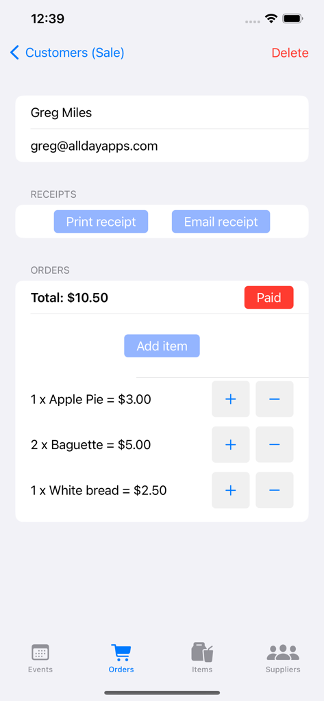 PreO - The Preorder Manager - Tela do aplicativo PreO mostrando detalhes do pedido do cliente para itens de padaria com opções para imprimir ou enviar recibos por e-mail