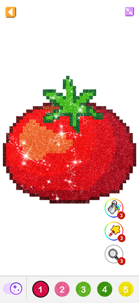 A glittery pixel art tomato being colored in the Pixel By Number app interface