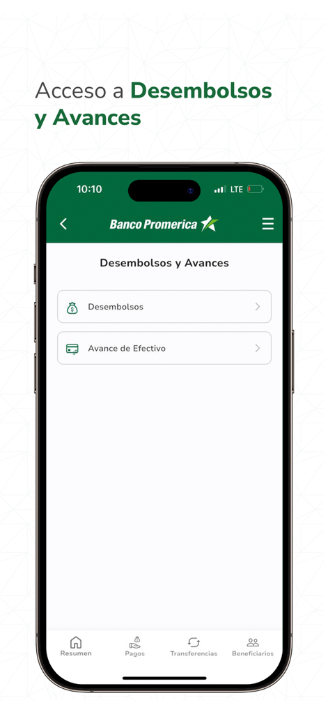 A mobile interface for the Promerica Movil RD app displaying options for disbursements and cash advances in Spanish.