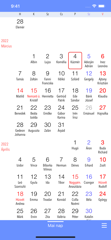 Névnaptár - Mobile app interface showing a Hungarian name day calendar for March and April with dates and names