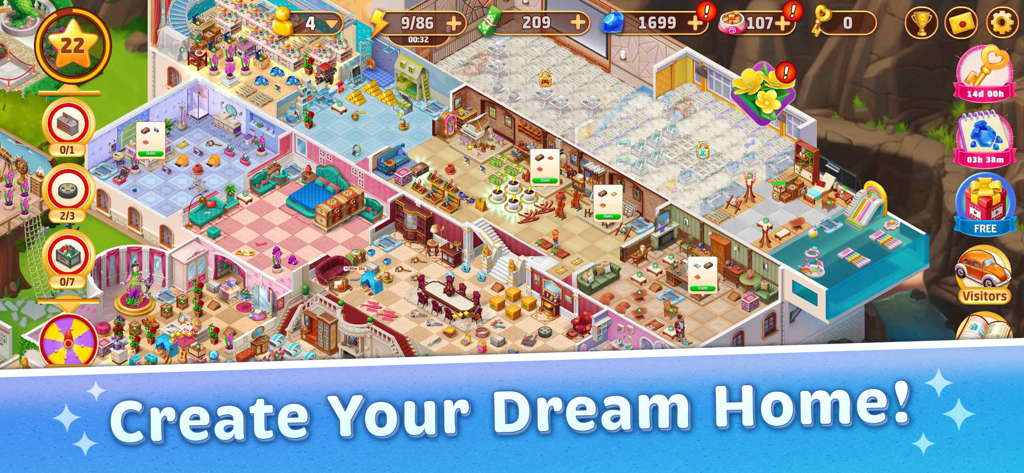 Travel Merge Family - A large mansion with various decorated rooms and a swimming pool in Travel Merge Family