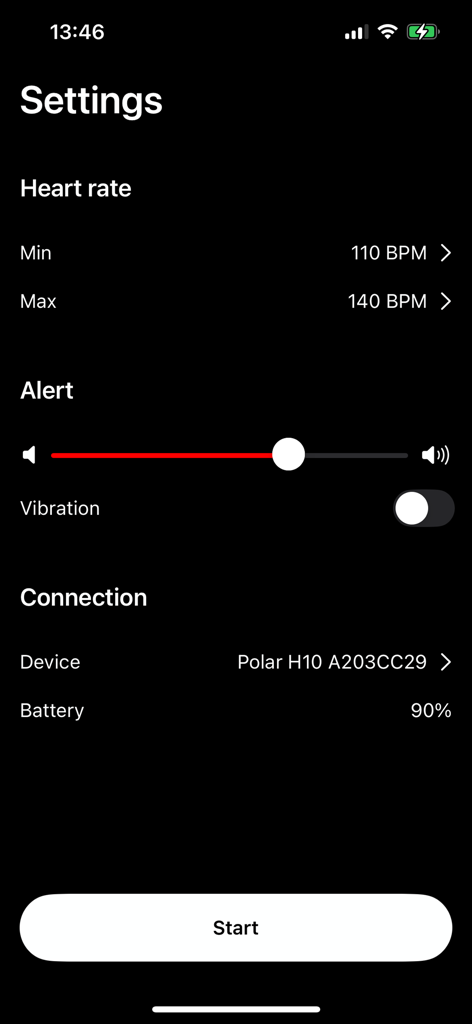 Heart Alert - Schermata delle impostazioni dell'app Heart Alert che mostra i limiti del range di frequenza cardiaca e la fascia toracica Polar connessa