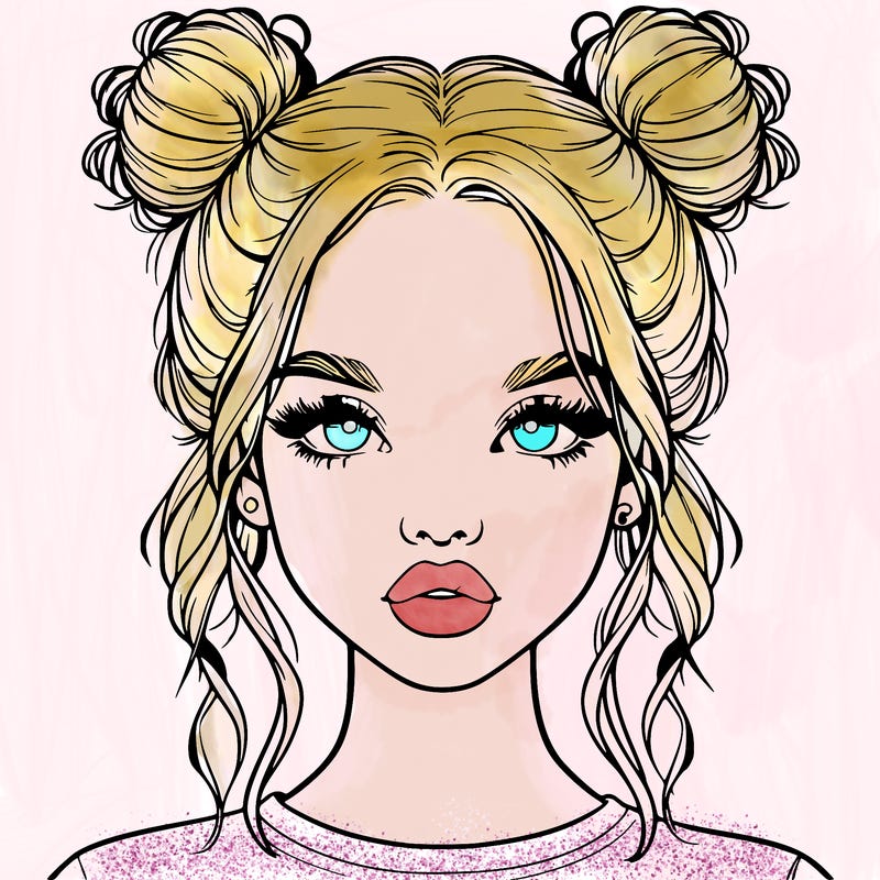 realistic girl with two buns in hair and lips