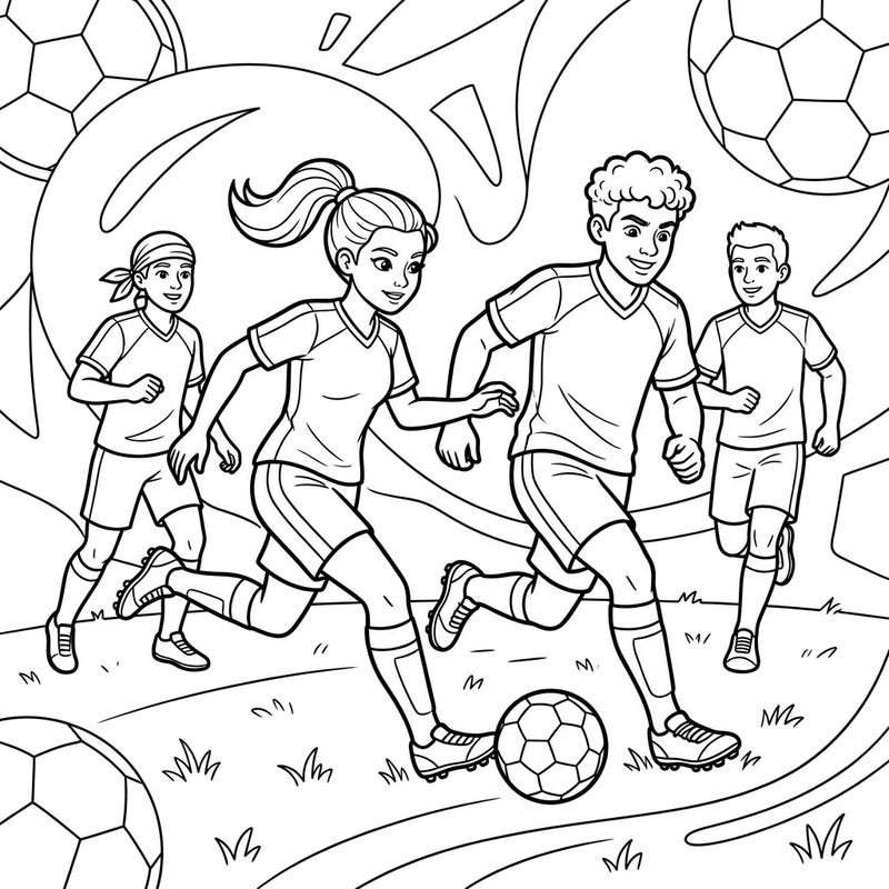Bring the excitement of the soccer field to life with this thrilling coloring page featuring young athletes skillfully dribbling the ball. Perfect for aspiring soccer stars, it offers an action-packed scene ready for your vibrant colors.