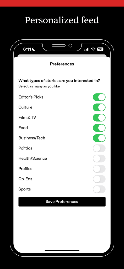 The Juggernaut - The Juggernaut app preferences screen for personalizing story interests including culture and business