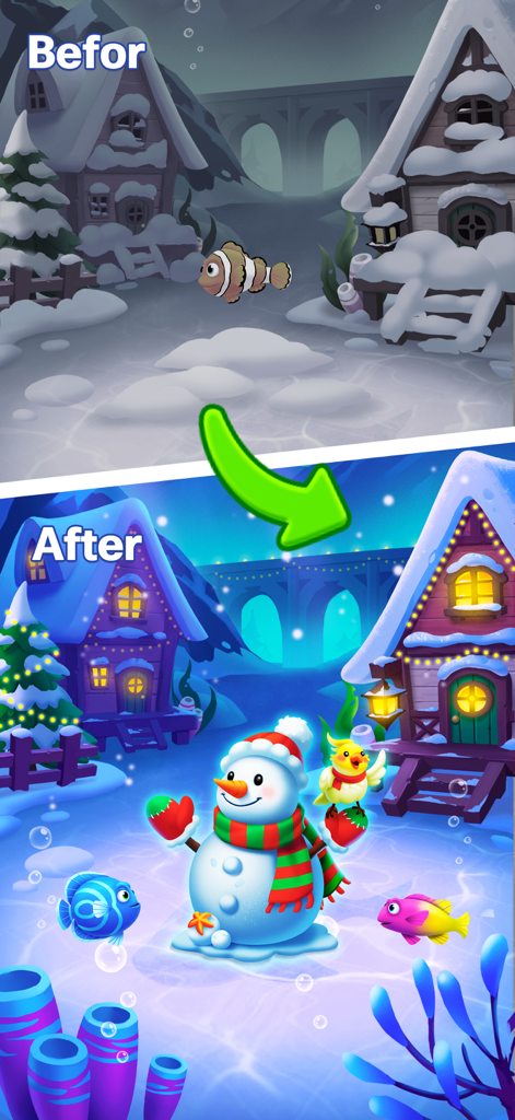 Before and after comparison of a winter themed aquarium decoration in Solitaire Ocean featuring a snowman and colorful fish