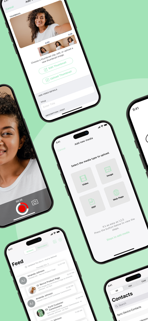 THREE International - L'interfaccia dell'app THREE International che mostra strumenti di caricamento media, gestione contatti e un feed di attività aziendale.