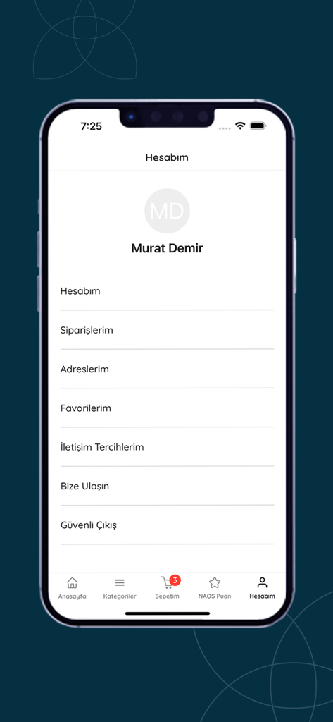 Naos Stars - ユーザーアカウントプロフィールと設定メニューが表示されたNaos Starsモバイルアプリのスクリーンショット。