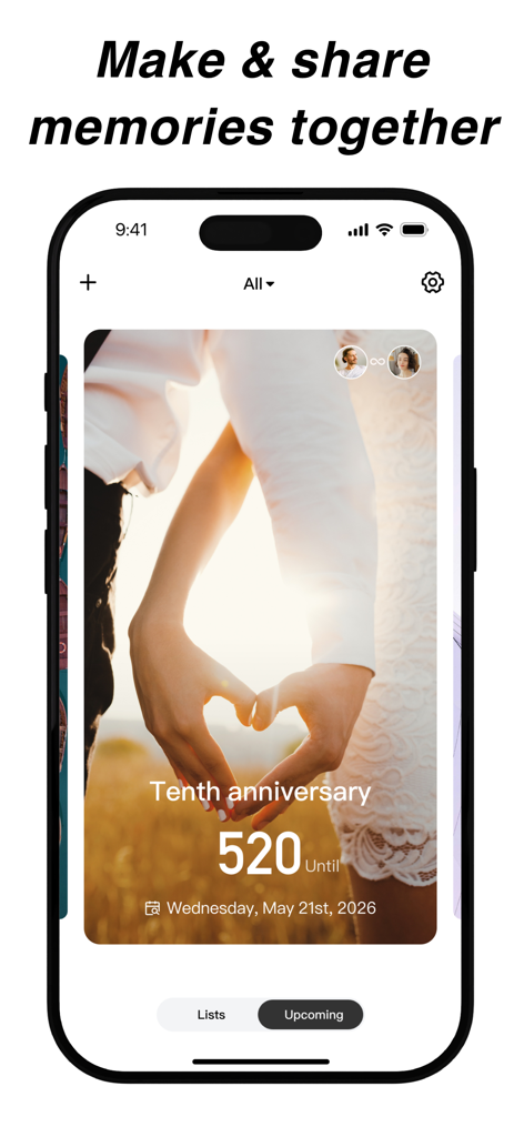 A shared countdown widget for a tenth anniversary with a romantic photo of a couple in a field
