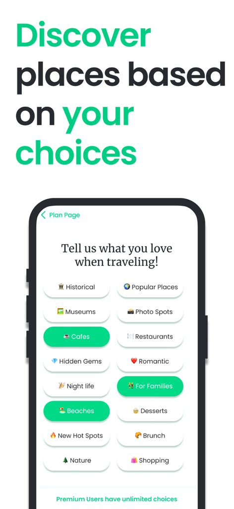 Interfaccia dell'app Tourist che mostra varie categorie di viaggio come caffè e spiagge per personalizzare un itinerario