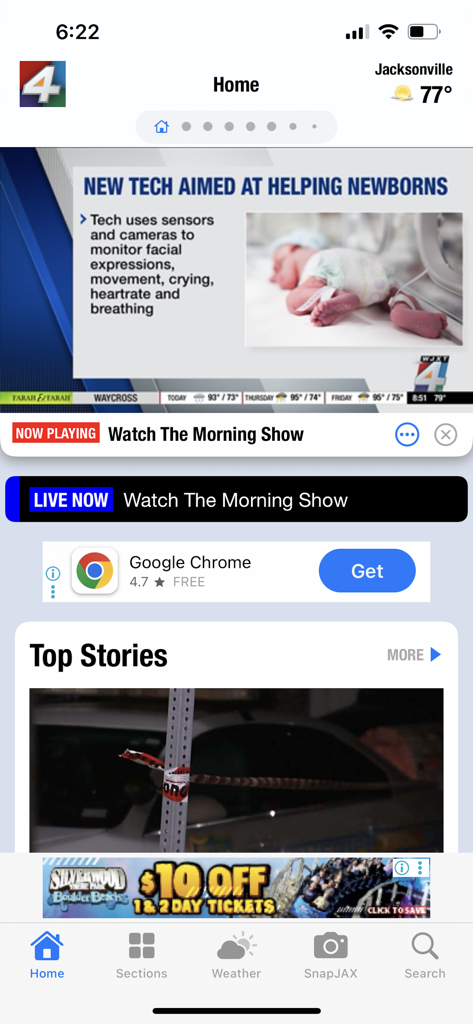 News4Jax WJXT Channel 4 app home screen featuring local Jacksonville news stories and weather