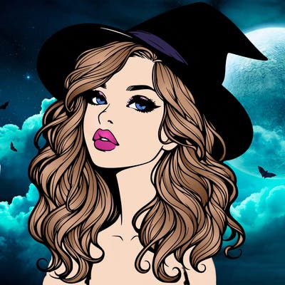 realistic witch girl with wavy hair and lips