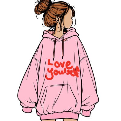 realistic girl with a oversized sweatshirt on and a bun