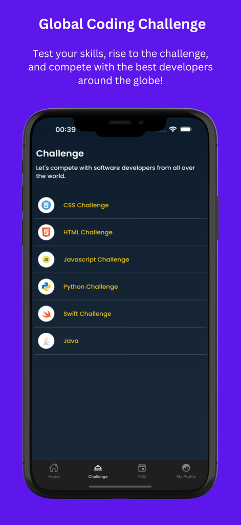 AI Coding Editor & Compiler - Interface mostrando desafios globais de codificação para linguagens como CSS, HTML, JavaScript e Python no aplicativo AI Coding Editor.