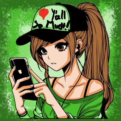 realistic girl with a long ponytail and trucker hat holding an iphone