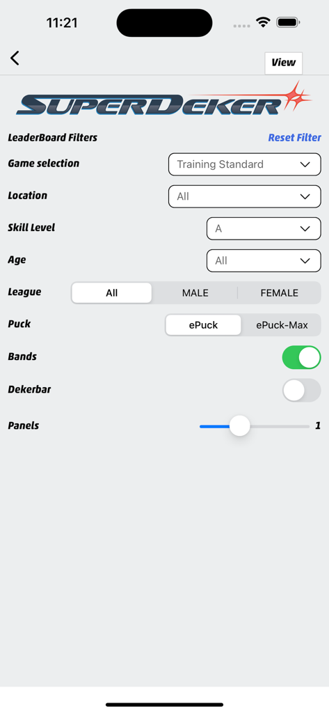 SuperDeker App - Leaderboard filters screen in the SuperDeker hockey training app showing game selection and player demographics.