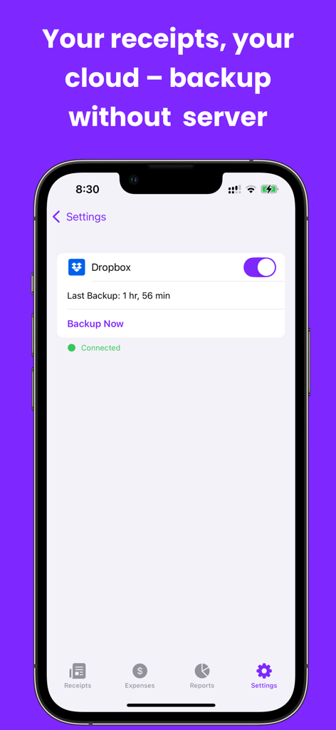 Smart Receipts Receipt Tracker - Einstellungen-Bildschirm der Smart Receipts-App mit Anzeige der Dropbox-Cloud-Backup-Verbindung und des Status.