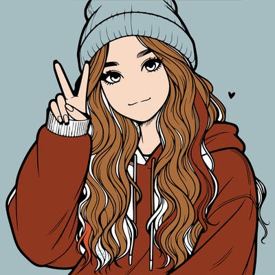 a teenage girl in a beanie, oversized sweatshirt, wavy long hair, and is showing a ✌️