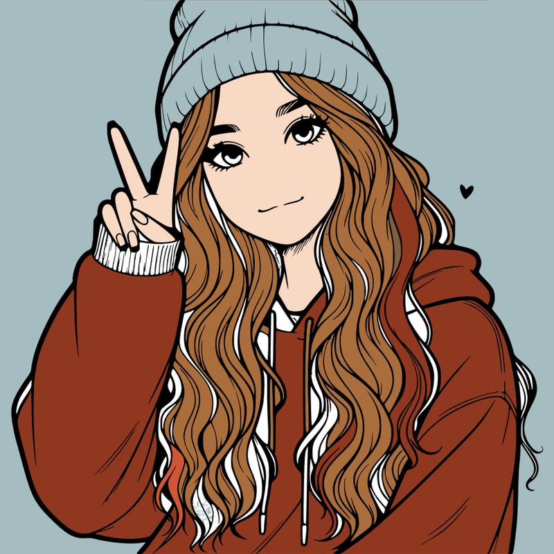 a teenage girl in a beanie, oversized sweatshirt, wavy long hair, and is showing a ✌️