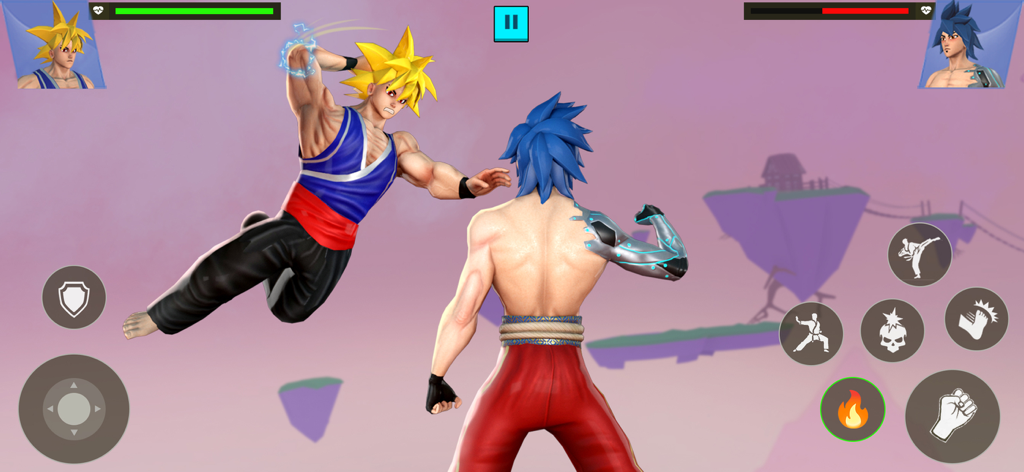 Karate Kings : Anime Fighting - Gameplay scene of Karate Kings Anime Fighting showing two 3D stylized characters in a martial arts battle.
