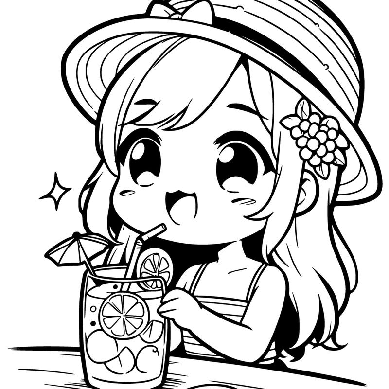 a girl drinking lemonade in the summer in chibi style