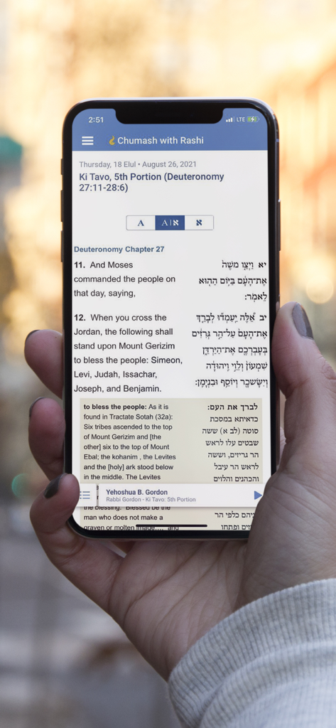 Chabad.org Daily Torah Study - Smartphone screen displaying the Chabad.org Daily Torah Study app with bilingual Hebrew and English Chumash text