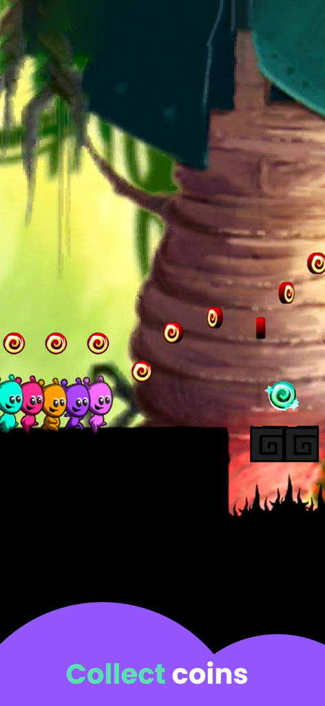 Monster Games: for Kids - 몬스터 게임: 어린이용 앱에서 휘몰아치는 동전을 모으는 정글 장면의 다채로운 몬스터 캐릭터들.