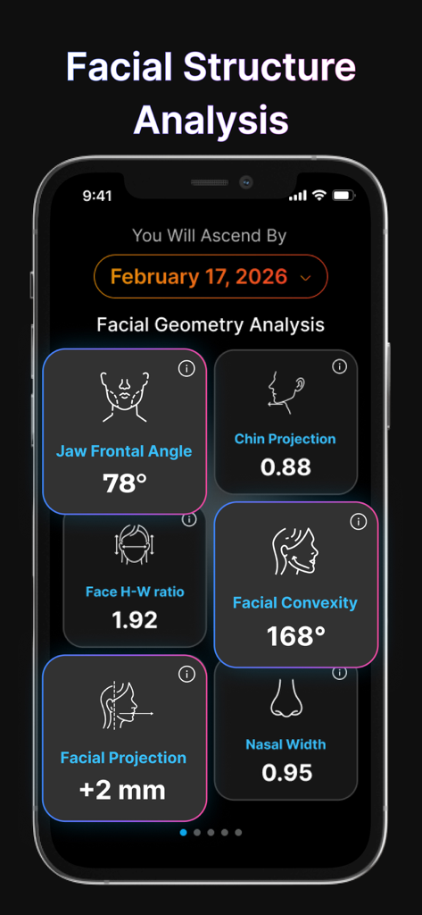 PSL AI-Jawmax,Looksmax & Mog - A smartphone screen displaying detailed facial geometry metrics including jaw angle chin projection and face ratio within the PSL AI app interface