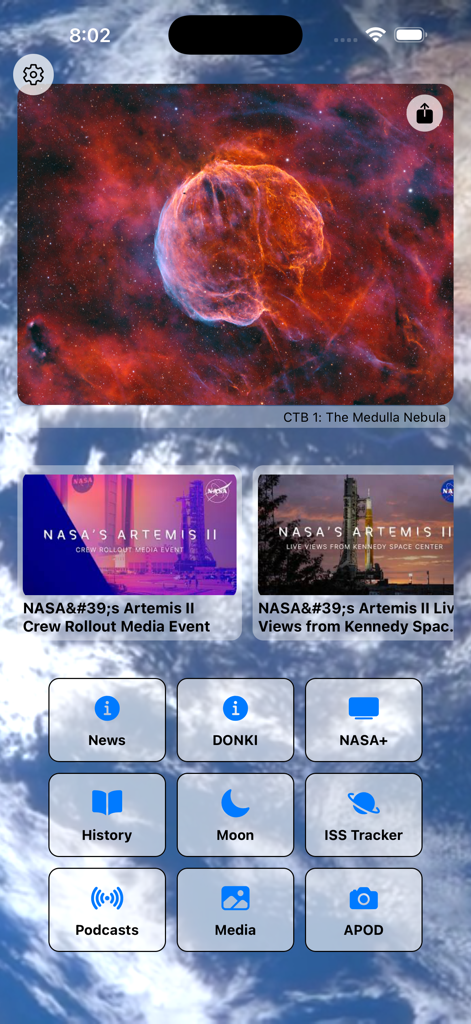 mySpaceHub - The home screen of the mySpaceHub app featuring space mission updates and navigation buttons