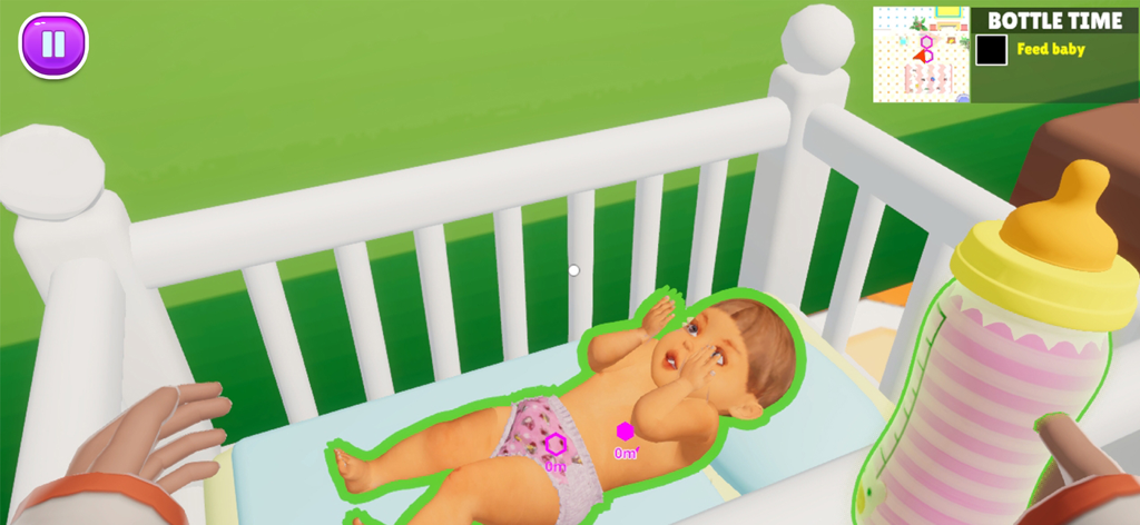 A first person view of a mother character feeding a baby in a crib using a bottle in Mom Simulator