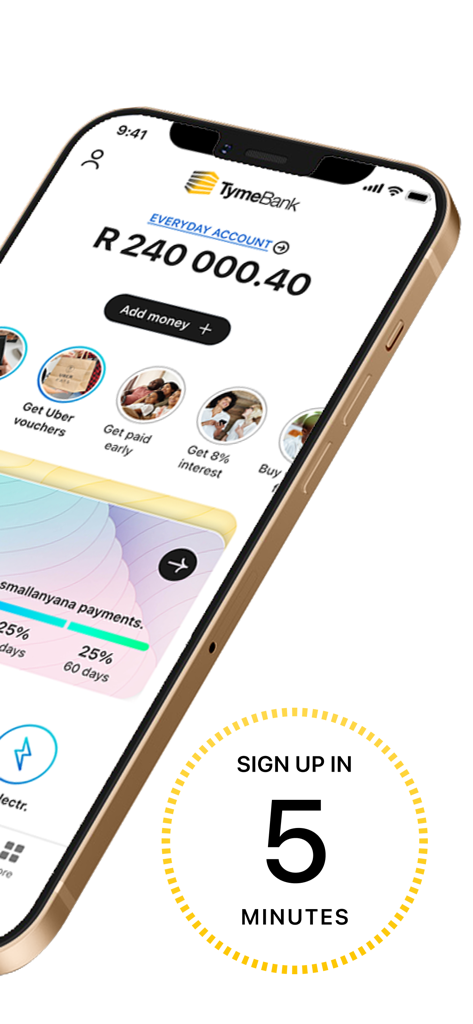 TymeBank-App auf einem Smartphone, die den Kontostand und die Fünf-Minuten-Anmeldung zeigt