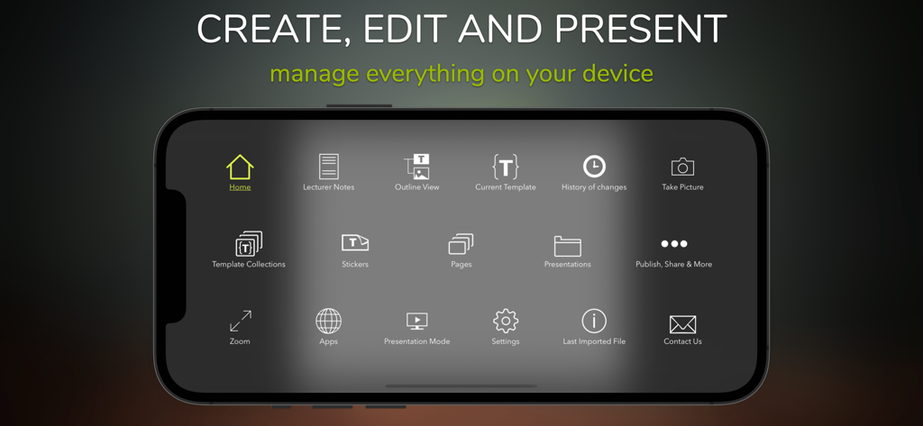 Perfect+ for Presentations - Panel de control de la aplicación móvil Perfect+ para Presentaciones que muestra varias herramientas de edición de diapositivas y gestión de presentaciones en un smartphone