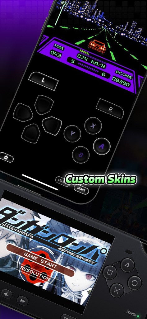 JOY Emulator - 3DS,PSX,PSP,GBA - JOY Emulator app displaying various custom skins for classic gaming consoles on a mobile device.