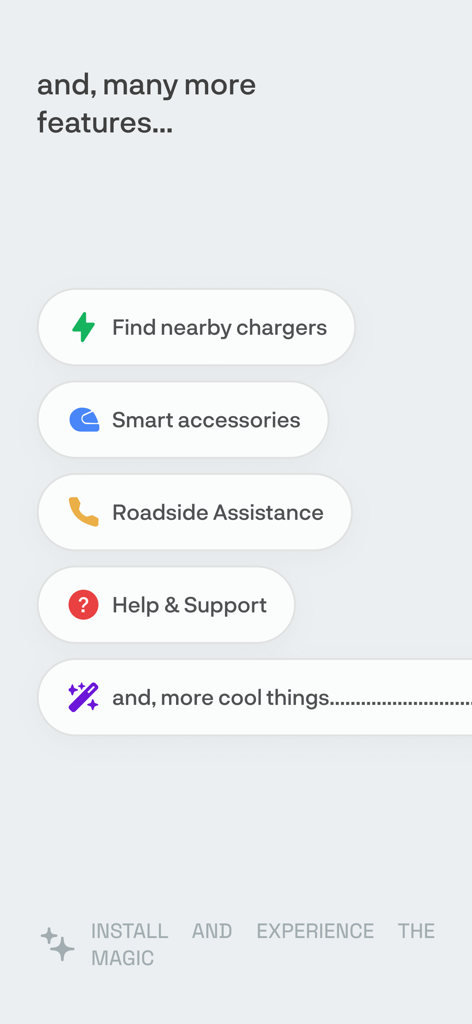 Un écran de menu dans l'application Ather listant des fonctionnalités supplémentaires comme les emplacements des chargeurs et l'assistance routière