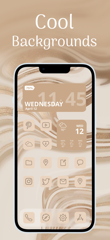 Icon Changer: Themes Widgets - Pantalla de inicio de iPhone con iconos y widgets estéticos beige