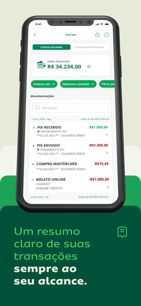 CrediSIS Internet Banking - Aplicación móvil CrediSIS mostrando el saldo de la cuenta y el historial de transacciones, incluidas las transferencias PIX